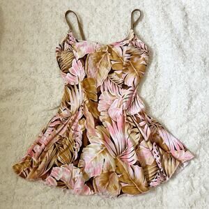 pink and brown floral palm tree leaf print one piece swimsuit dress